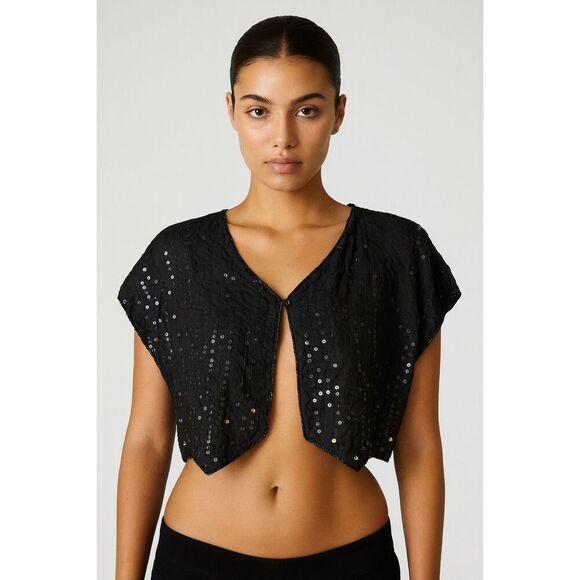 TINA Tops - Vintage 80’s TINA Black Silk Sequined Open Front Top Size M